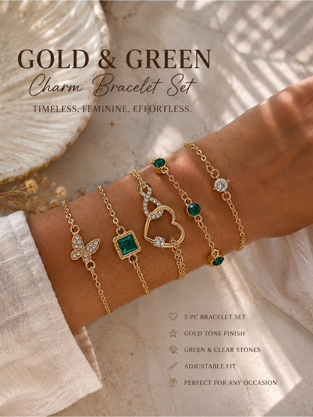 Gold & Green Charm Bracelet Set | Layered Luxe Butterfly Heart Emerald Jewelry